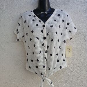 Pinc Star Print Top Blouse Tie Front Summer Casual July 4th Blue White Medium